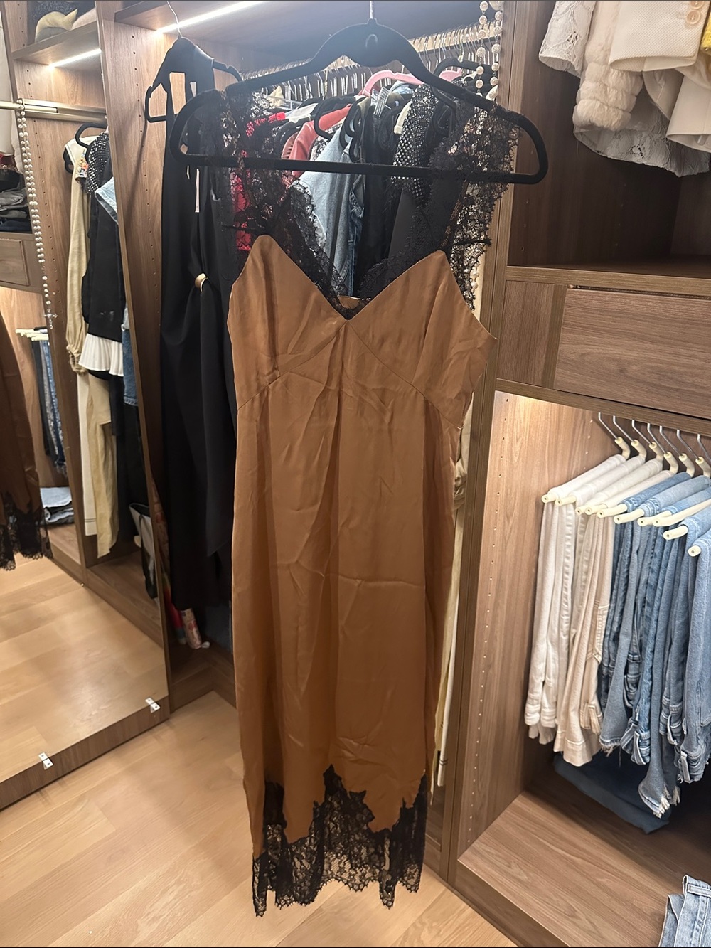 Cami NYC Brown Slip Maxi Dress with Black Lace Trim